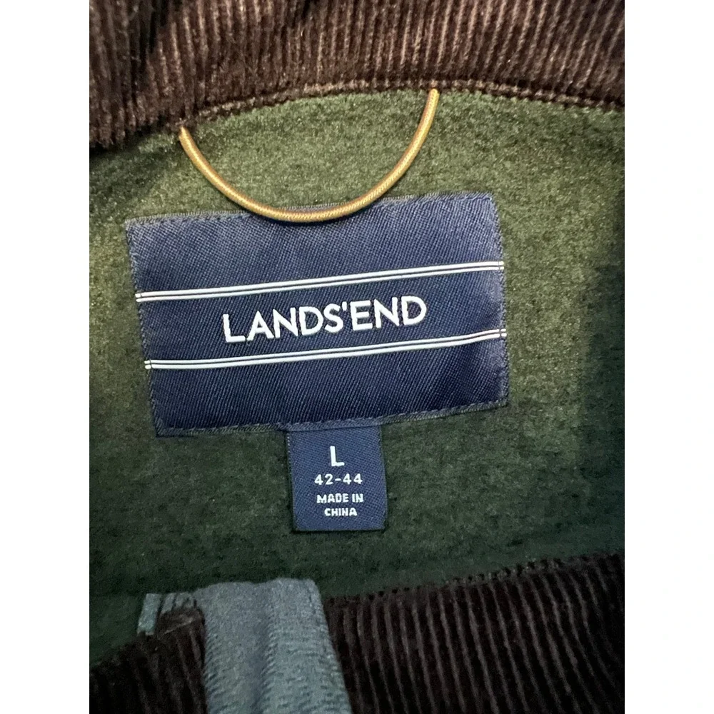 Lands' End Mens Sweater Fleece Quarter Zip Pullover Green Leather Trim Large